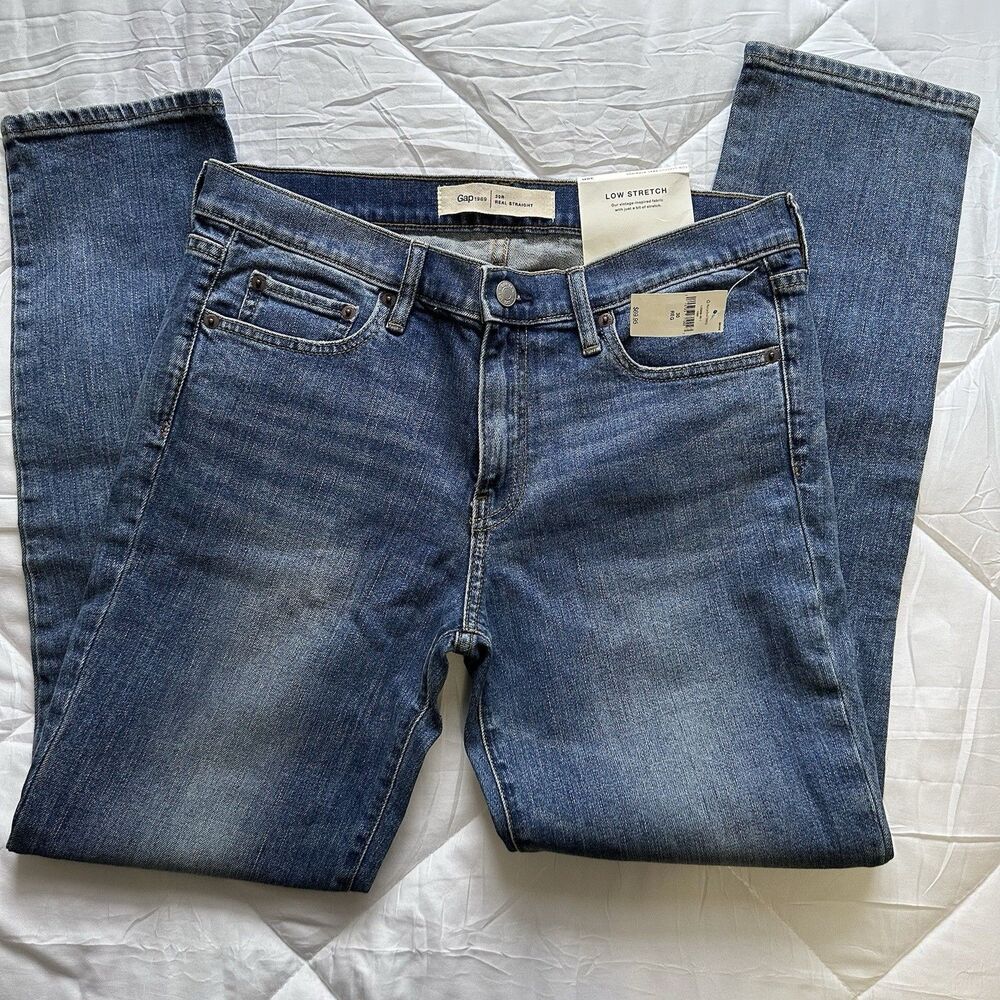 Gap Straight Jeans Blue Medium Wash Cotton Denim Stretch Button Zip 5-Pocket